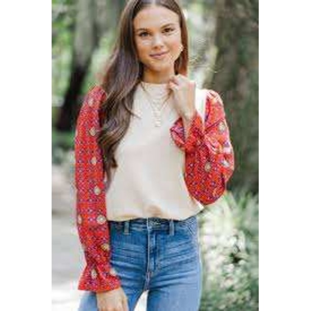 THML Ruffle Mixed Media Balloon Sleeve Sweater Women Small Cream Orange